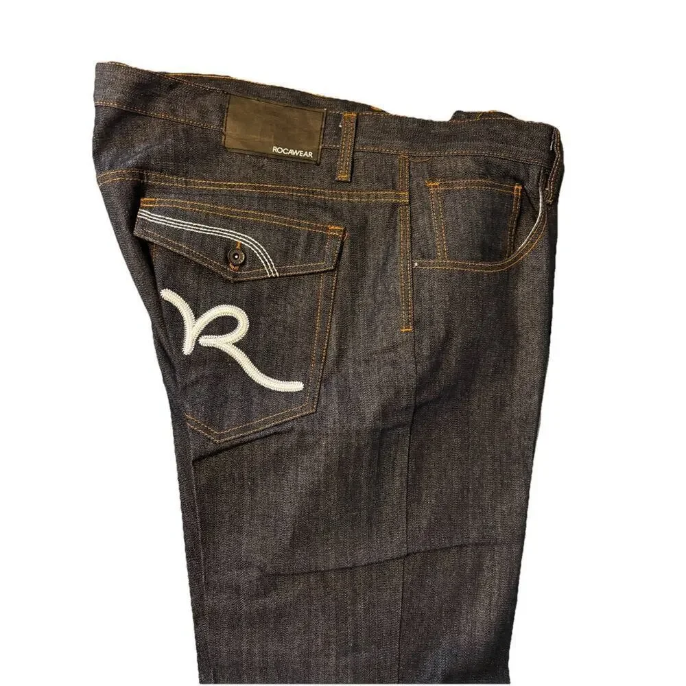 Vintage Rocawear Denim Dark Blue Embroidered Men 50/32 Jeans Hip Hop Classic